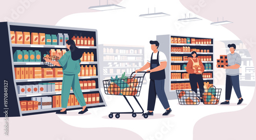 Group of diverse people shopping for fresh food and groceries in a modern supermarket with tall shelves and aisles.