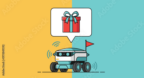 Automated delivery robot on wheels carrying a red gift box with a blue ribbon shown in a digital speech bubble.