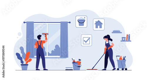 Professional cleaning crew including a man washing windows and a woman mopping the floor in a modern living room.