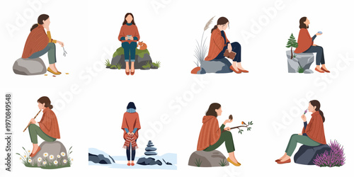 Set of flat illustrations featuring a woman enjoying moments of solitude and mindfulness in nature during autumn and winter seasons.