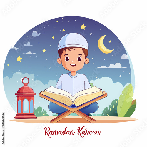 Serene nocturnal scene a young Muslim boy peacefully reads sacred scriptures under a crescent moon, radiating tranquility and hope