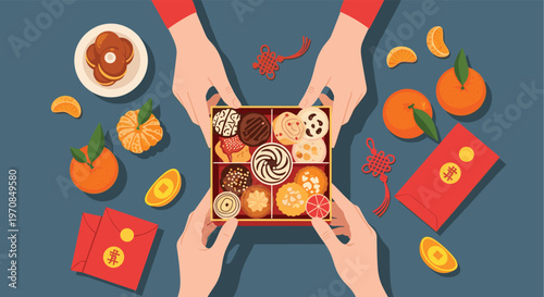 Hands sharing a traditional box of sweets and cookies during lunar new year celebration with oranges and red envelopes.