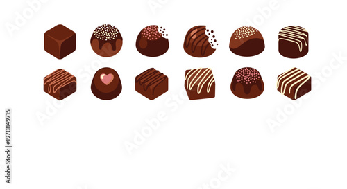 Assorted collection of gourmet chocolate truffles and pralines featuring various delicious toppings and fillings for candy lovers.