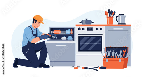 Professional technician in blue overalls repairing a dishwasher in a modern kitchen while using specialized tools from his box.