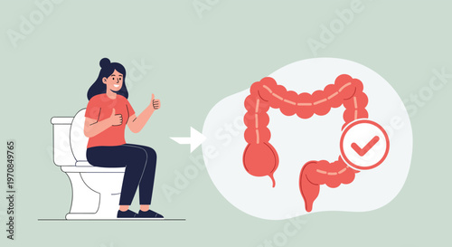 Smiling woman sitting on toilet giving thumbs up next to a diagram of a healthy human colon and digestive system for wellness.