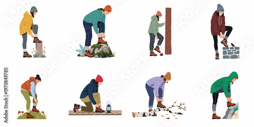 Collection of diverse female hikers in outdoor gear tying their shoelaces in various natural environments, flat vector illustration set.
