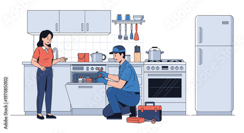 Skilled repairman in a blue uniform fixing a broken kitchen dishwasher while explaining the process to a concerned homeowner.