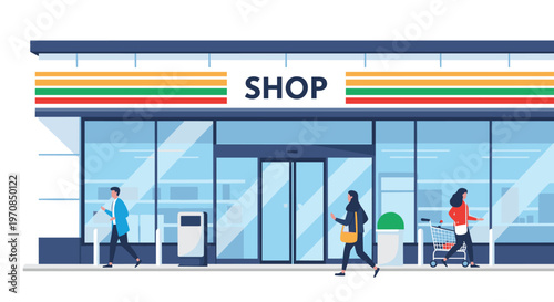 Exterior view of a modern convenience store with shoppers walking by and entering through large glass doors for quick retail.