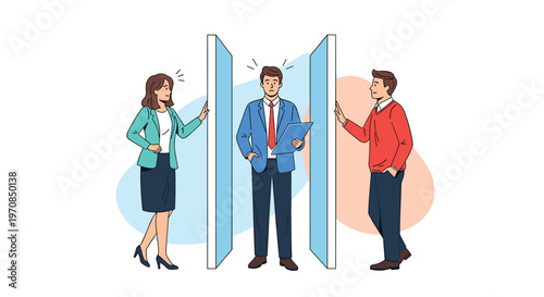 Corporate employees standing between blue office partitions representing different company departments and professional roles.