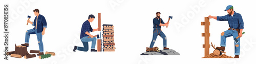 Set of Flat Vector Illustrations of Lumberjacks Chopping Wood, Splitting Logs, and Working with Axes in Various Outdoor Scenarios.
