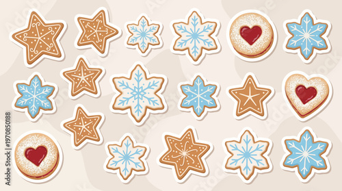 Delightful holiday cookies, featuring ornate star and intricate snowflake icing alongside heart-filled jam biscuits, evoking cozy festive cheer in a vibrant flat vector illustration collection.