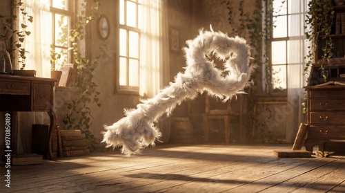 Magical Key Made of Clouds Floating in a Sunlit Indoor Room Interior