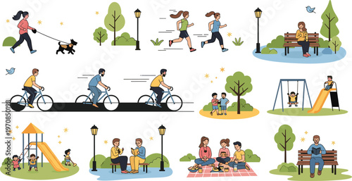 People outdoor activities in park set with walking cycling jogging playground family leisure scenes vector illustration collection