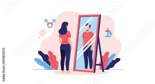 Transgender individual looking into a mirror seeing their true gender identity reflected with supportive symbols in background.