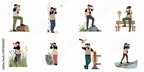 Collection of diverse birdwatchers in outdoor settings using binoculars to observe nature and wildlife in a flat illustration style.
