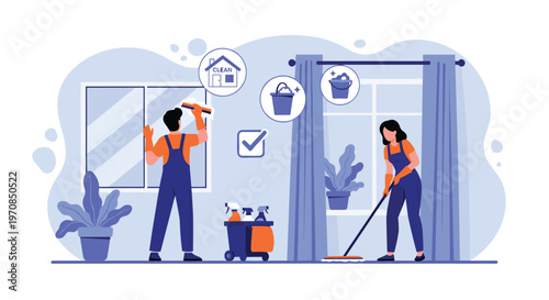 Professional home cleaning crew with a man washing glass windows and a woman mopping floors using specialized equipment and tools.