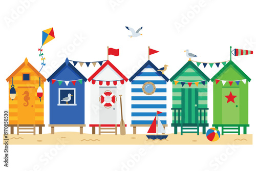 A row of colorful beach huts on sand with sea animals kites and a sailboat.