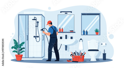 Experienced plumber in a blue uniform and red cap repairing a shower unit in a modern bathroom using various professional tools.