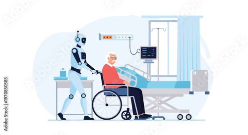 Modern medical robot assistant pushing an elderly man in a wheelchair through a hospital ward equipped with advanced monitors.