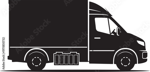 Black delivery truck, cargo van silhouette, vehicle icon, transportation illustration