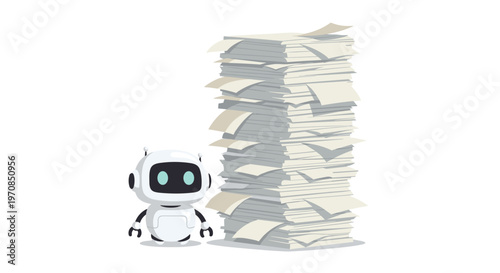 A small, cute robot stands next to an immense, neatly stacked pile of white papers on a plain background.