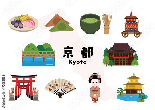 京都府の観光・文化・グルメアイコンセット（清水寺・伏見稲荷・金閣寺・祇園祭・舞妓）