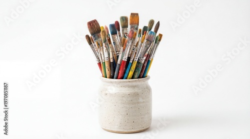 Jar of Professional Art Brushes with Paint Splatter Textures on White