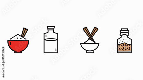 Line art illustration of Asian cuisine elements bowl with rice, bottle with oil, spice
