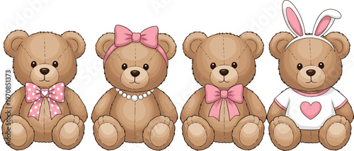 Set of cute teddy bears with different accessories cartoon vector illustration for kids design, toys collection and decorative elements use