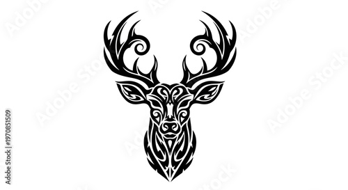 Tribal Deer Head Silhouette, Ornate Antlers, Tattoo Style