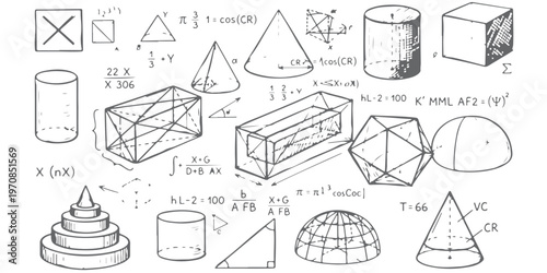A detailed mathematical sketch featuring various geometric shapes and complex algebraic equations. isolated on white background, Vector, illustration