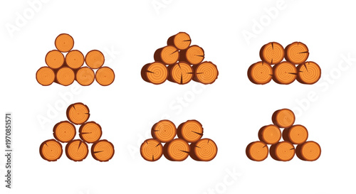Six stylized piles of dark brown logs with visible growth rings are arranged in various configurations on a clean white background.