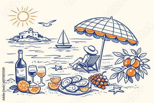 Italian Amalfi Coast Summer Wedding Doodle Vector Set with Hand Drawn Sea, Lemons, Wine and Food Elements, Romantic Beach Invitation Design for Picnic, Party and Vacation Prints