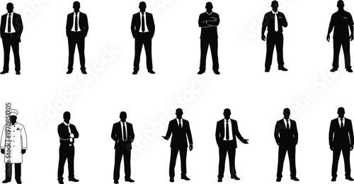 Business people silhouettes in formal suits and professional poses, showcasing corporate professionals, office workers, leadership roles, teamwork and modern business lifestyle concept