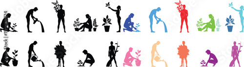 Set of human silhouette figures in various cleaning and household activity poses with solid fill shapes, minimal flat vector collection