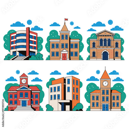 Collection of various university buildings and schools with green bushes and clouds.