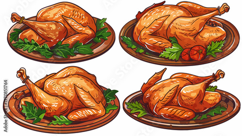 Four roasted turkeys displayed on plates with garnish, rendered in illustrative style