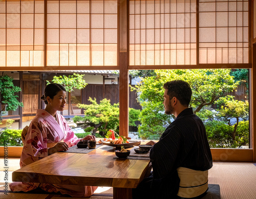 Stylish Japanese couple enjoying seasonal Kaiseki cuisine at a luxury Ryokan, travel and traditional culture, copy space
