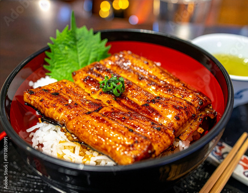 Luxury Japanese grilled eel bowl (Unagi Kabayaki) for Doyo-no-Ushi, professional food photography, copy space
