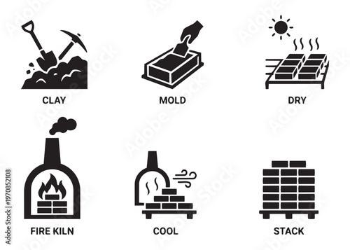 Brick production process showing clay extraction and mold drying stages for vector illustration set.