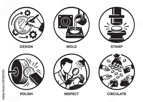 Coin minting and circulation process from design to mold and stamp phase vector illustration icons.