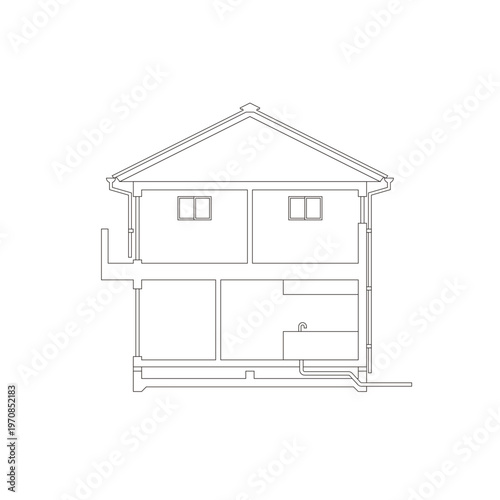 Detached House Cross Section Line Art Illustration
