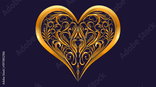 Elegant golden heart with intricate baroque floral patterns on dark background. Romantic luxury design ideal for Valentine’s Day, wedding invitations, branding, and premium decorative artwork.