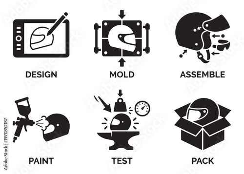 Helmet production process vector illustration including design mold assemble paint test and pack.