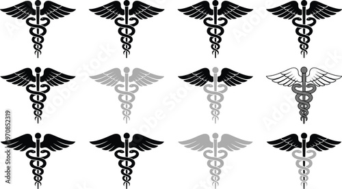 Caduceus medical symbol collection in black and white vector, featuring winged staff with intertwined snakes, healthcare emblem variations for medicine, pharmacy, and clinical design use