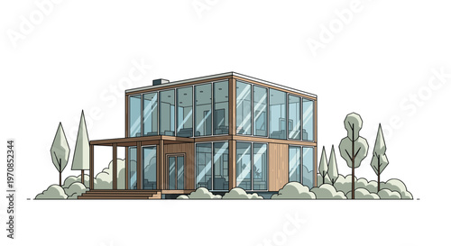 A modern two-story glass house with wooden accents, a deck, and stylized trees and bushes is shown on a white background.