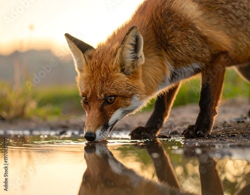 A red fox drinks from a serene water body at sunset