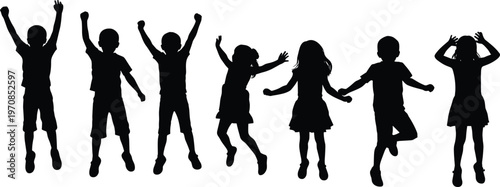 Children silhouette set jumping and playing with joyful poses, happy kids activity collection, black vector illustration of playful movement, energy, childhood fun isolated on white background