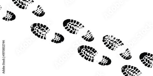 A sequence of black boot prints isolated on a plain white background representing a long journey isolated on white background, Vector, illustration