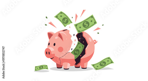 A shattered pink ceramic piggy bank releases crisp green dollar bills onto a pristine white background.